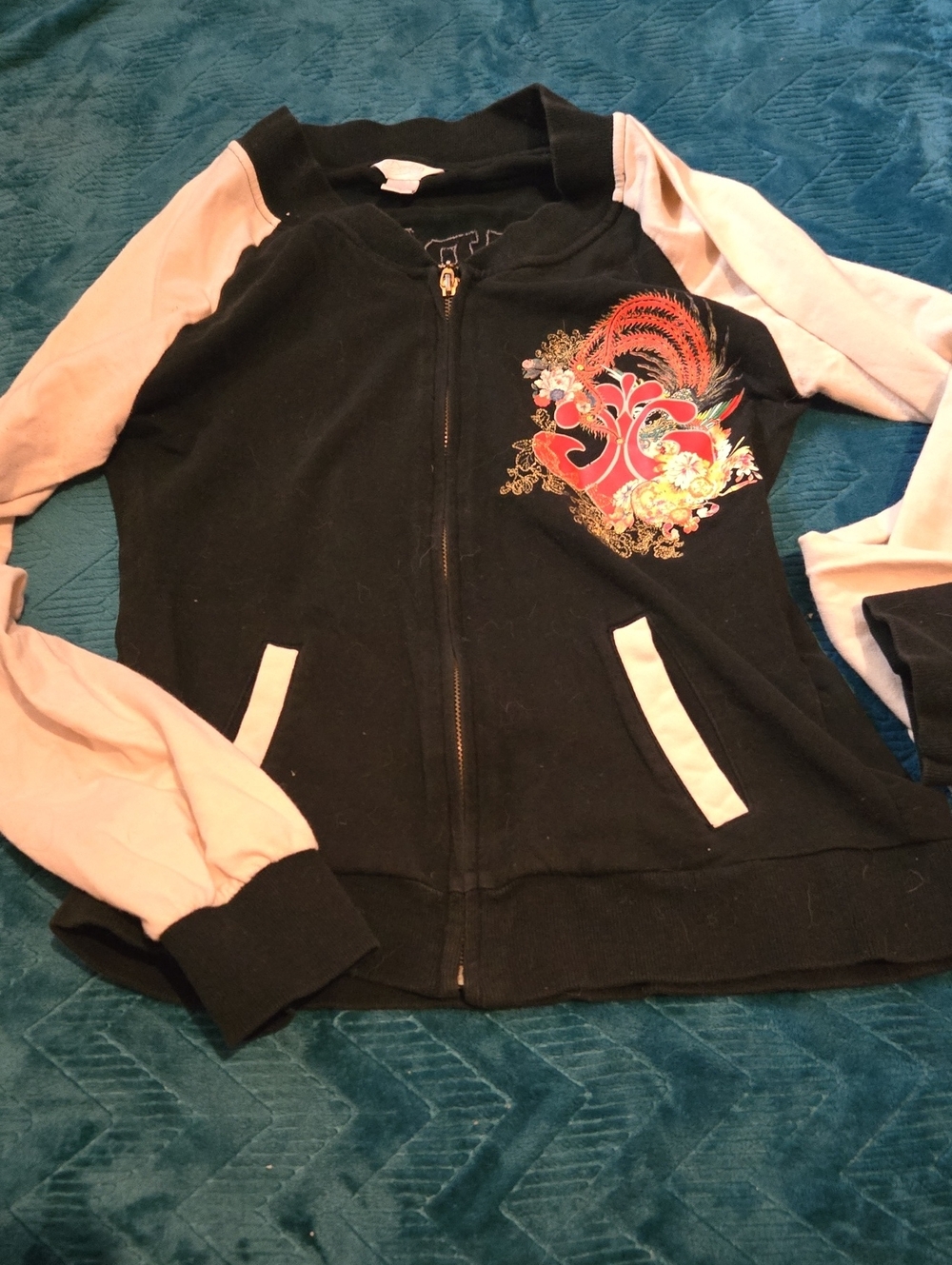 3/$20 Dereon Black & White Women's Zip-Up Jacket with Floral Heart Graphic
